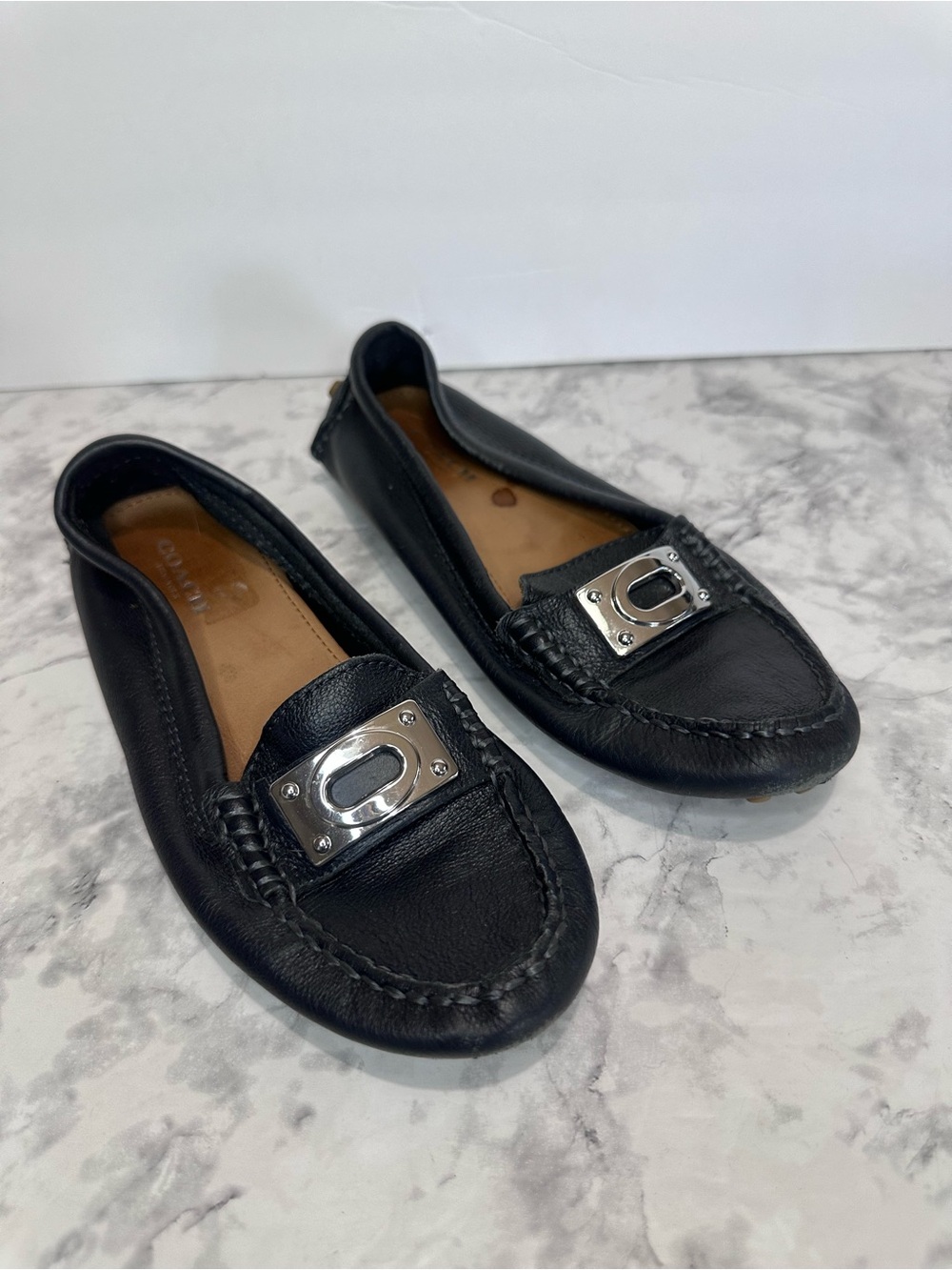 Coach Napoleon Black Leather Driving Loafers Silver Hardware Women’s 5